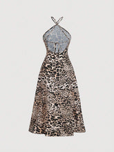 1pc 3D Floral Print Backless Leopard Pattern Dress
